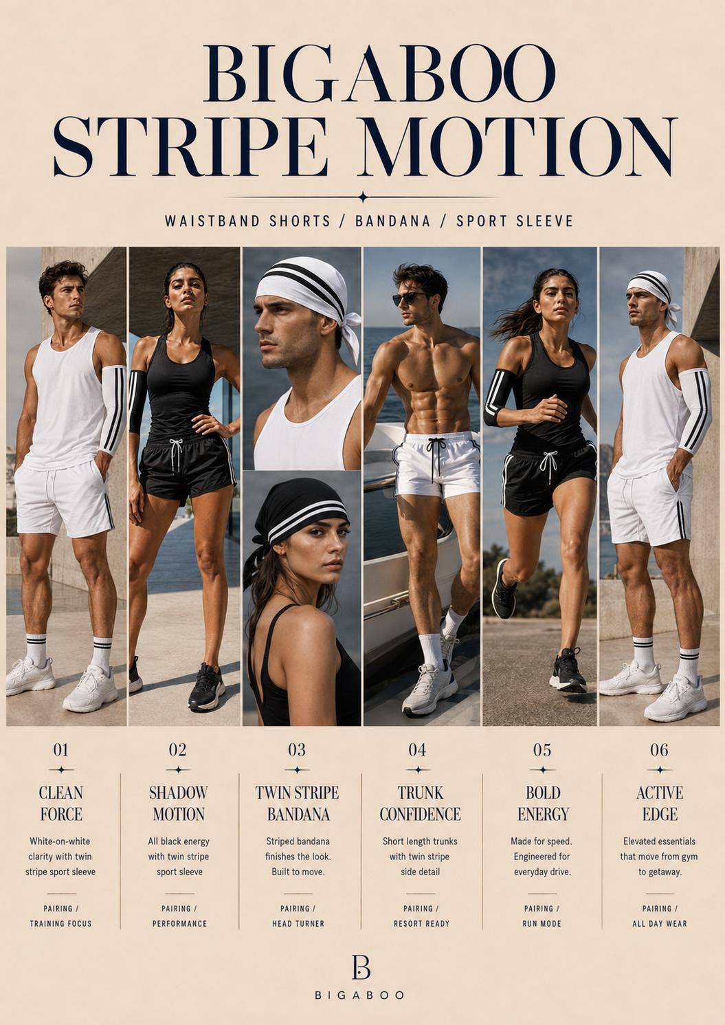 Bigaboo Stripe Motion waistband shorts bandana and sport sleeve editorial catalogue spread